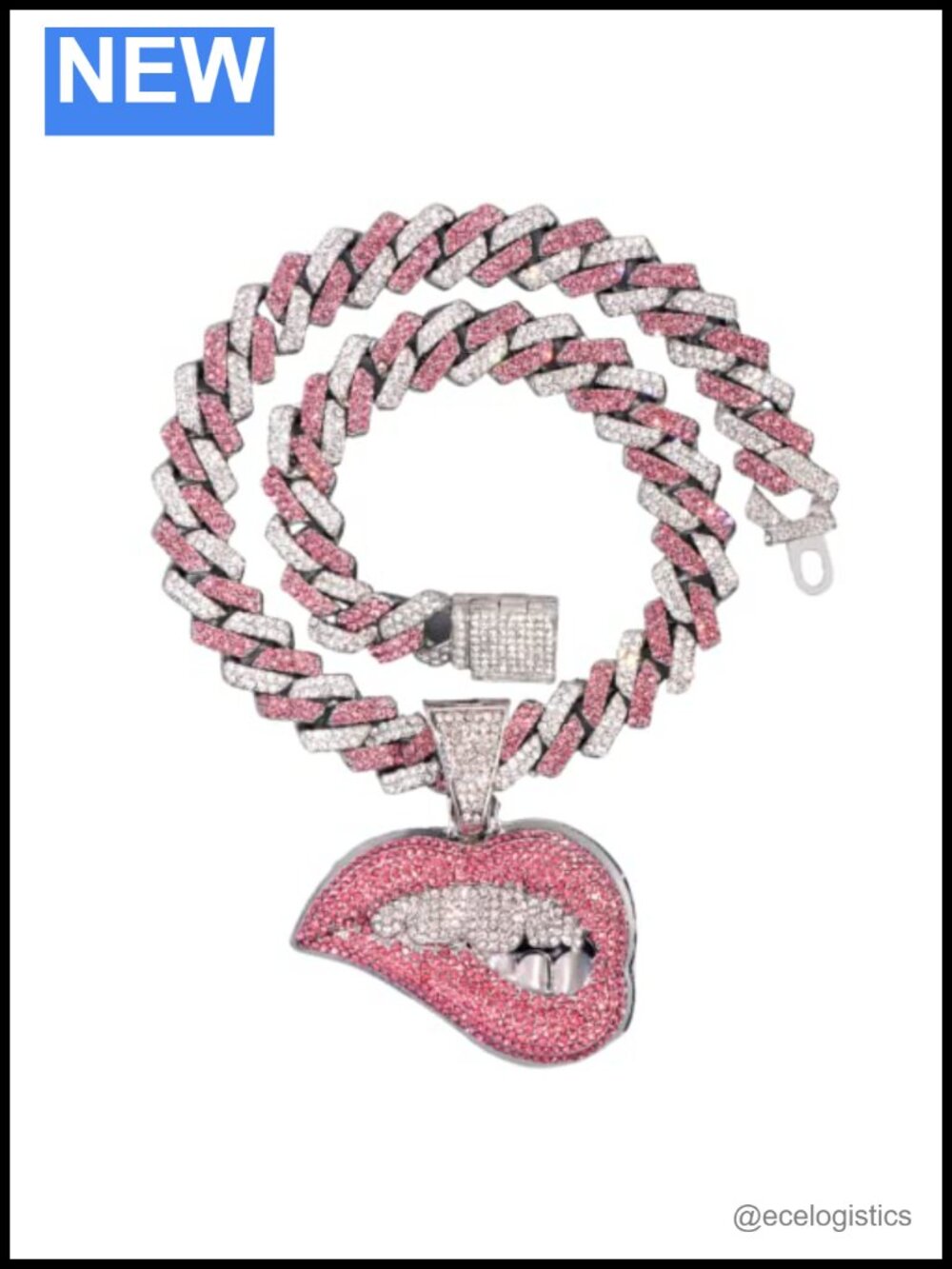 Iced Out Cuban Link Chain Necklace with Pink Lip Bite Pendant Hip Hop Jewelry